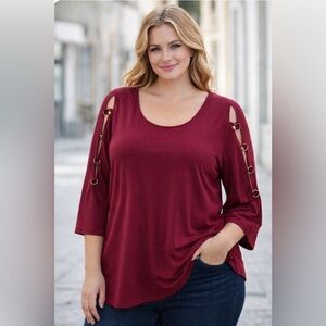 Corvia Dark Pink Top. Open Long Sleeves with Gold Rings. P2P 20.5-26 SIZE L. NWT